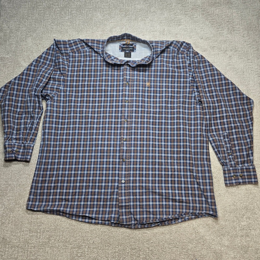 Ariat Pro Series Mens XXL Plaid Button Down Shirt Blue Brown Stretch Long Sleeve